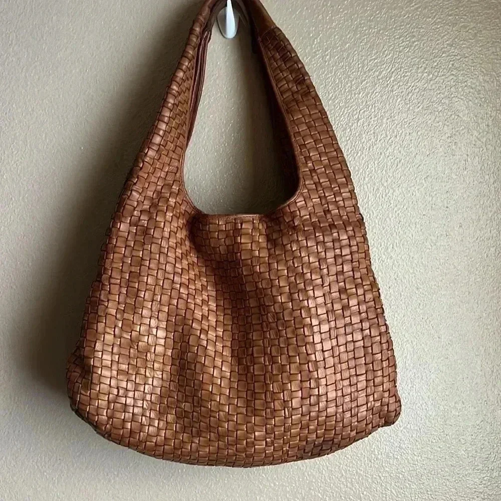 Distressed basket weave woven leather Hobo, Travel carryall bag